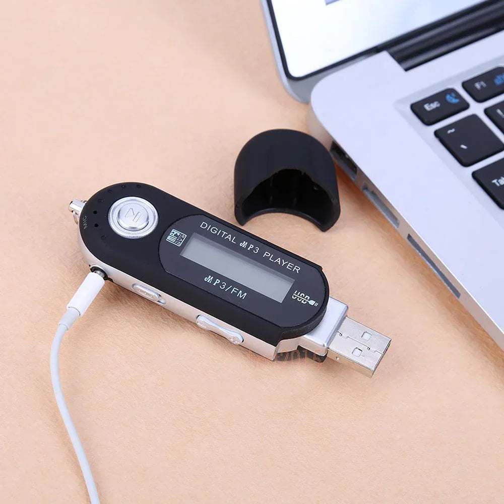 Black and silver mp3 player music with small lcd screen strip usb pluggable and headphone jack portable music speaker