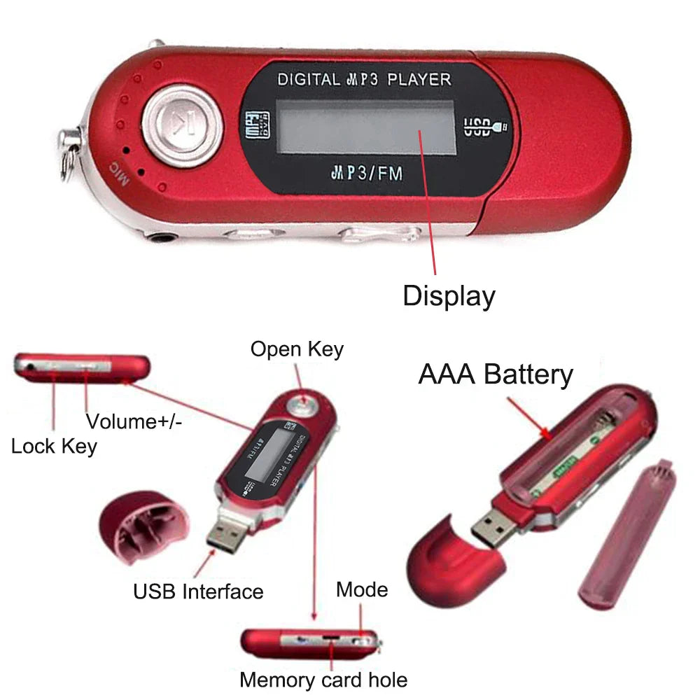 Red mp3 player music speaker portable with sleek compact design silver accents and strip usb pluggable feature