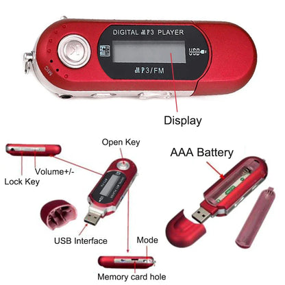 Red mp3 player music speaker portable with sleek compact design silver accents and strip usb pluggable feature