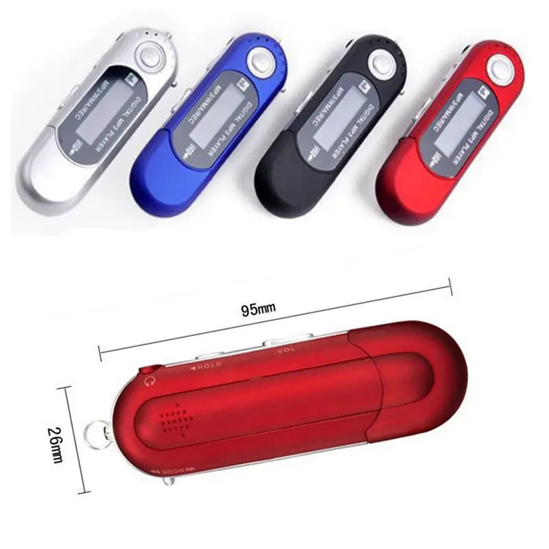 Red plastic mp3 player music speaker portable with sleek oval design and silver strip usb pluggable keychain attachment