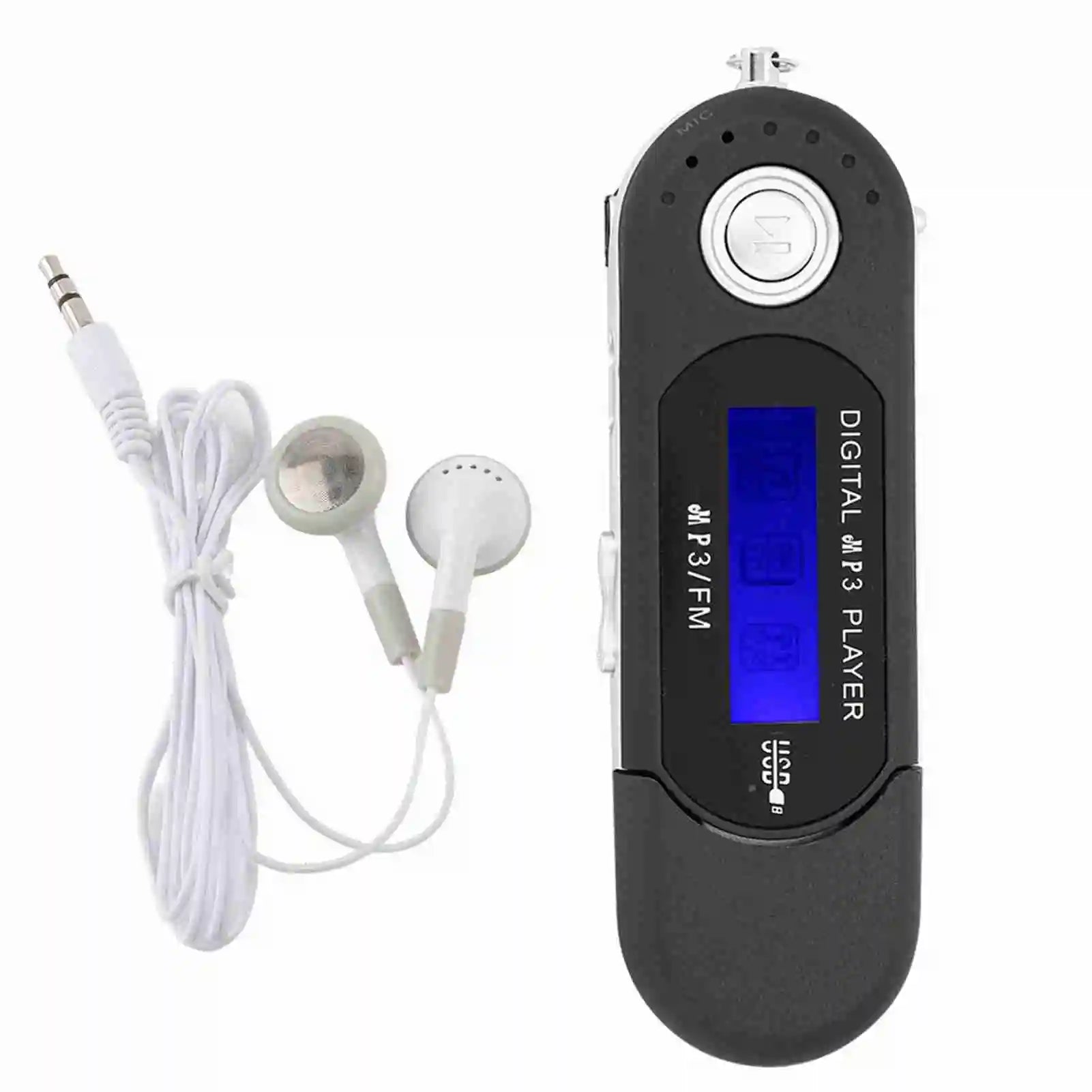 Black digital music mp3 usb player with blue lcd screen silver buttons radio voice memory and white earphones
