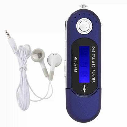 Blue portable mp3 player with silver button black display and white earphones supports music mp3 usb and voice memory card