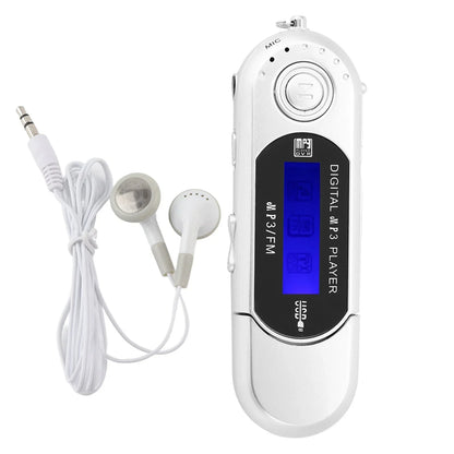 White plastic digital mp3 player with blue lcd screen silver accents featuring music mp3 usb and radio voice memory functions