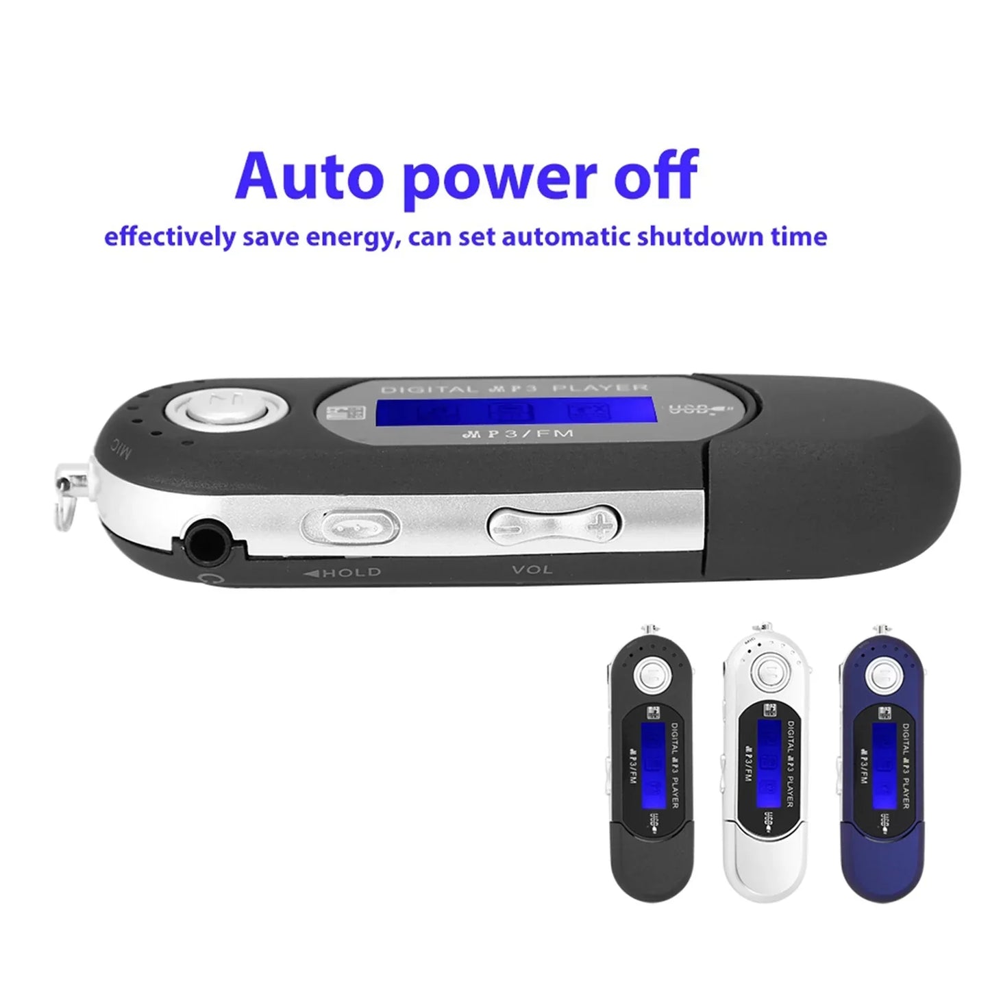 Black and silver portable mp3 player with blue lcd screen usb port volume controls for music mp3 usb radio voice memory