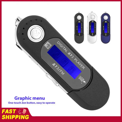 Black and silver portable digital music mp3 usb player with blue lcd screen and one-touch zen button for radio voice memory card use