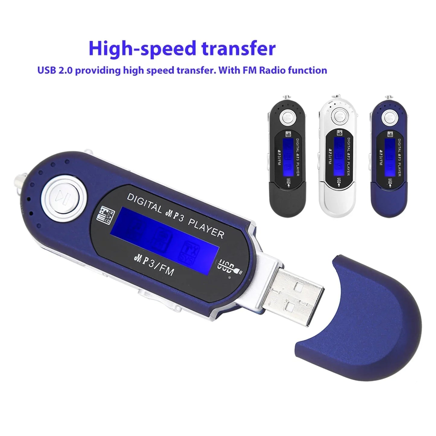 Blue and silver portable mp3 player with lcd screen usb 2.0 connector fm radio and voice memory card for music mp3 usb use