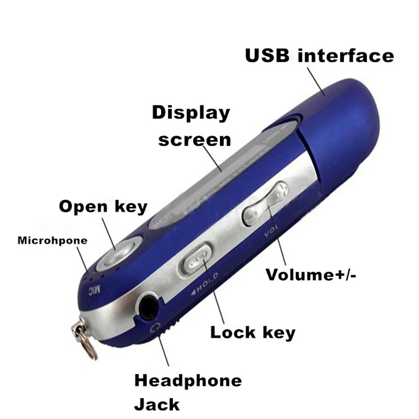 Blue and silver portable music mp3 usb player with voice memory card, fm radio, lcd screen, and metal keychain attachment