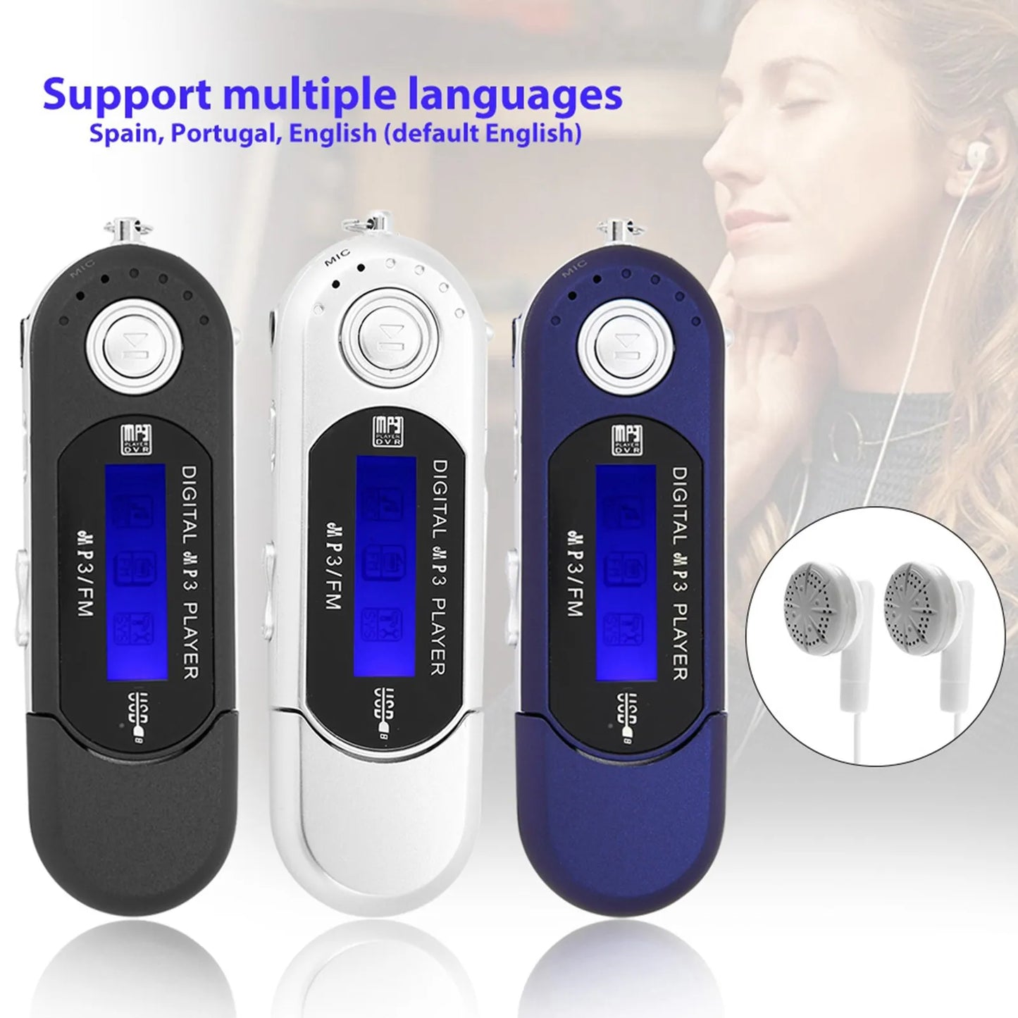 Three slim portable mp3 players in black white and blue with lcd screens featuring music mp3 usb and voice memory card