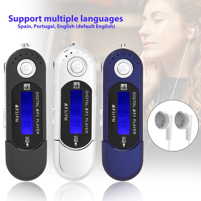 Three slim portable mp3 players in black white and blue with lcd screens featuring music mp3 usb and voice memory card