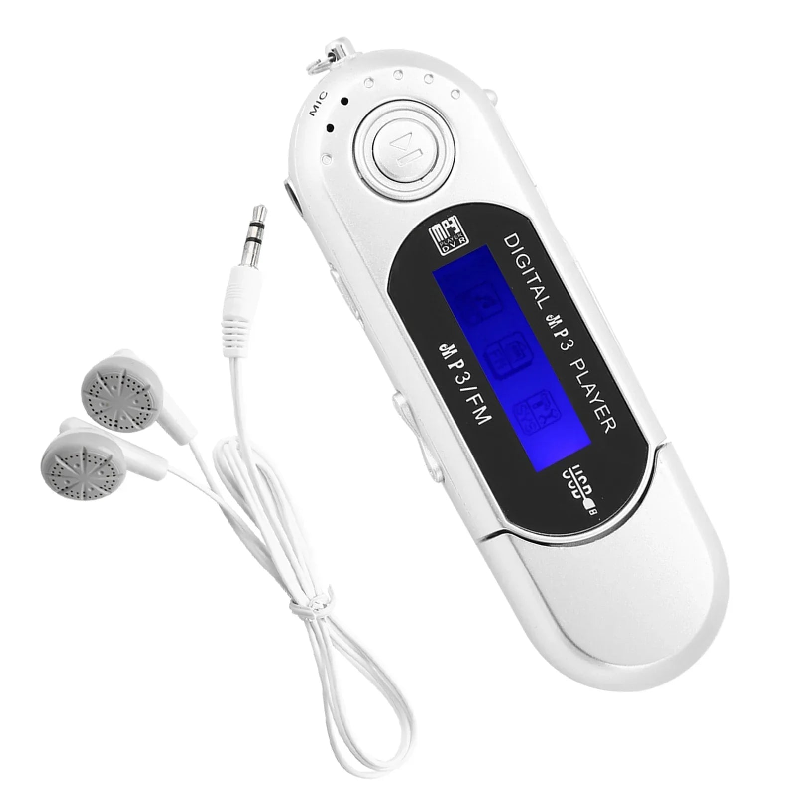 White plastic digital mp3 player with blue lcd screen silver accents usb connectivity supports music mp3 usb and voice memory card