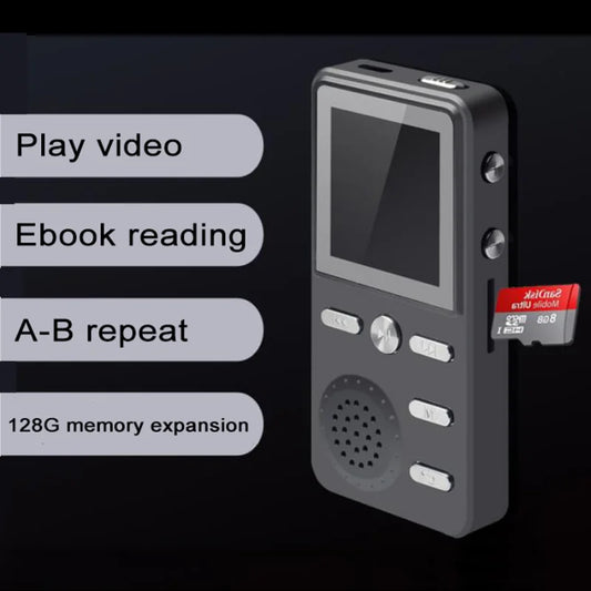 Gray rectangular mp3 player stereo with 8gb sport music storage clock hd screen silver buttons and speaker grille
