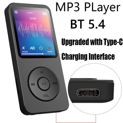 Black mp3 player with colorful touchscreen and type-c port lossless music player for student walkman swimming running use