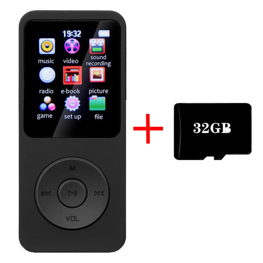 Black rectangular mp3 player with touchscreen and interface fast charging port including 32gb memory card for player fm recording and e-book reading