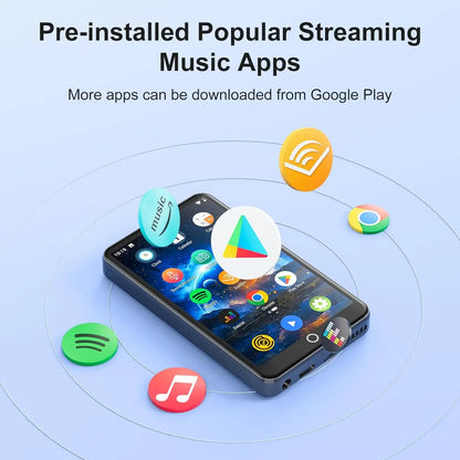 Black mechen h1 pro music player android with 4-inch touchscreen showing spotify and apple music apps on screen