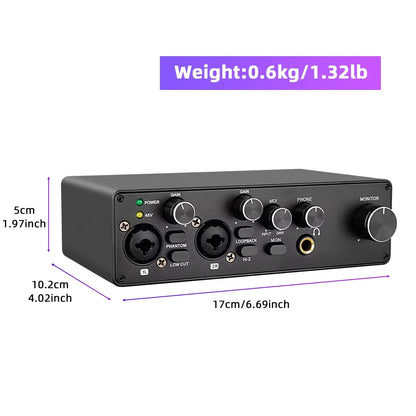 Black rectangular mq22 professional asio usb audio interface with multiple ports and knobs for live recording studio use