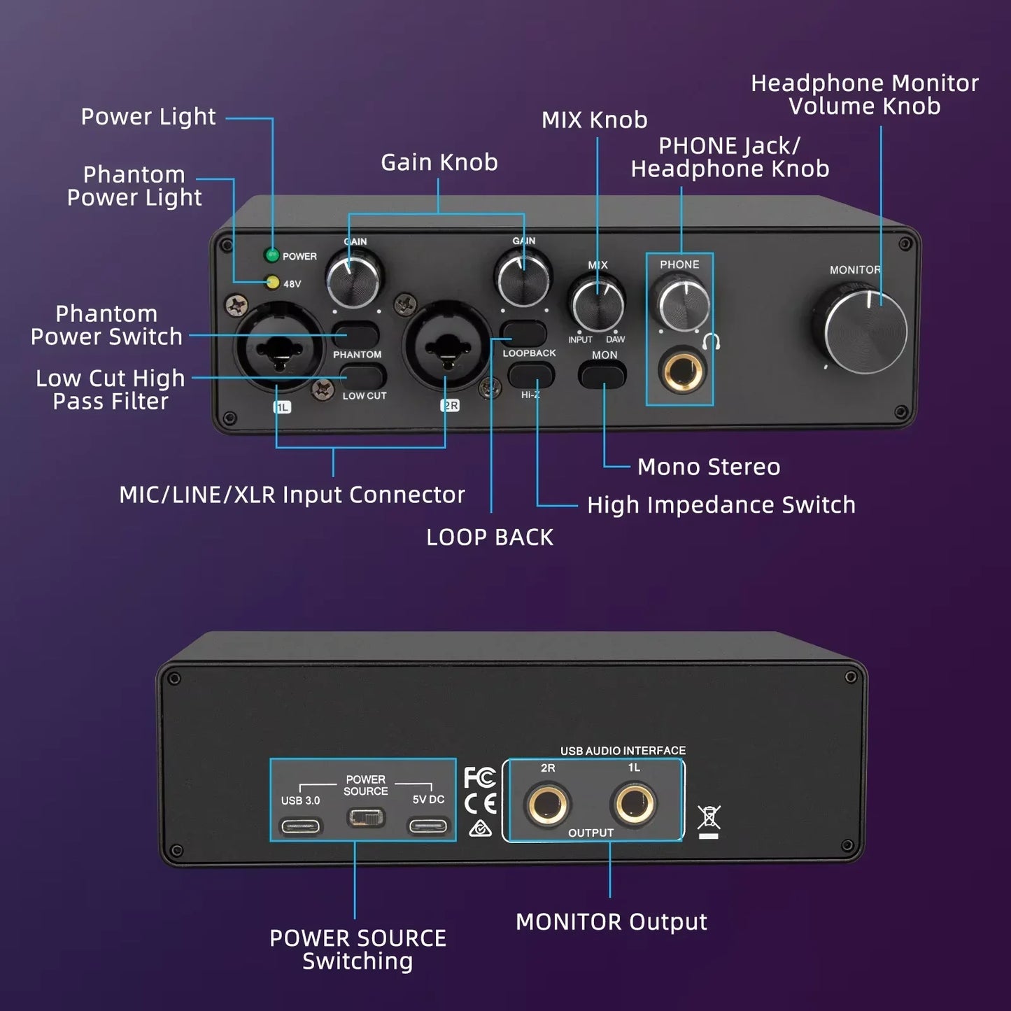 Black usb audio interface with multiple input output jacks and gain volume knobs for professional asio live recording studio