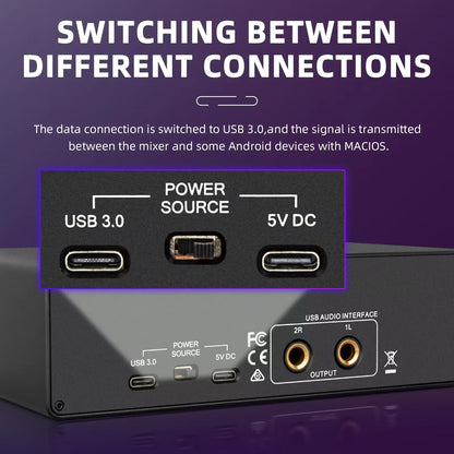 Black usb audio interface showing back side with usb 3.0, 5v dc power jack, and gold rca jacks for professional asio live recording studio