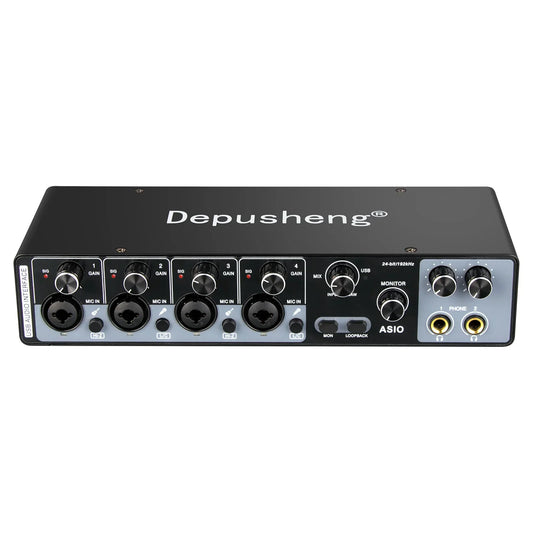 Black mq44 asio audio usb audio interface with channel 4in 4out featuring four xlr inputs and silver gain knobs for live recording