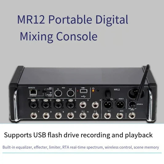 Black mr12 portable digital mixing console with multiple ports and antenna for mr18 professional digital studio recording console use
