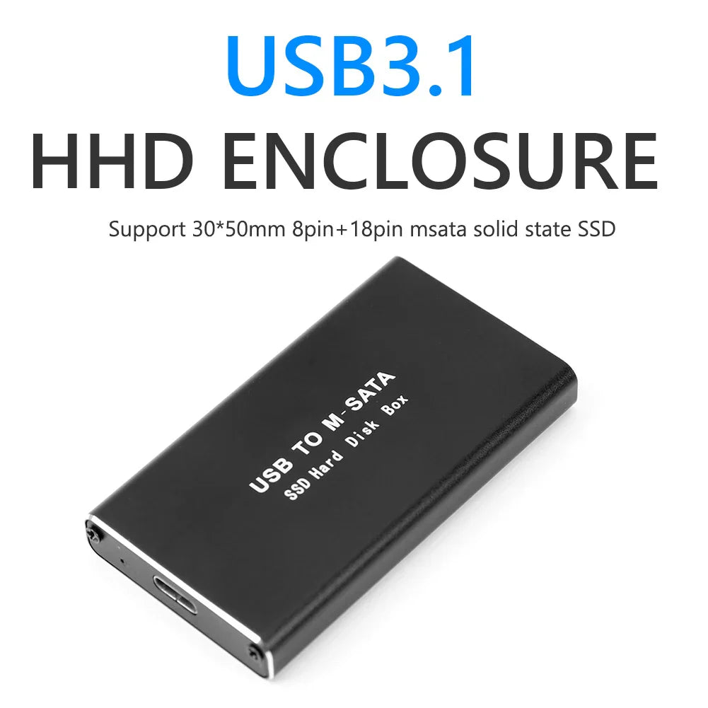 Black ssd enclosure external with silver trim and white text as storage case adapter for converting sata to m-sata ssds