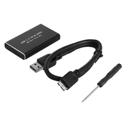 Black usb 3.0 to m.2 sata ssd enclosure external box storage case adapter with silver trim and white printed text