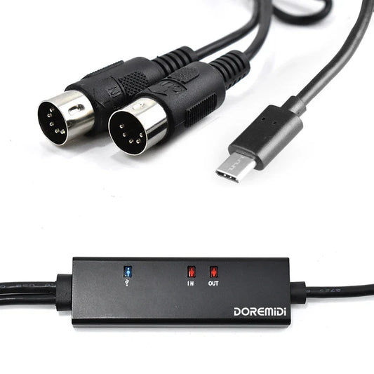 Black doremidi midi usb cables adapter with two female din connectors usb-c port and red led indicators for andoird tabler guitar
