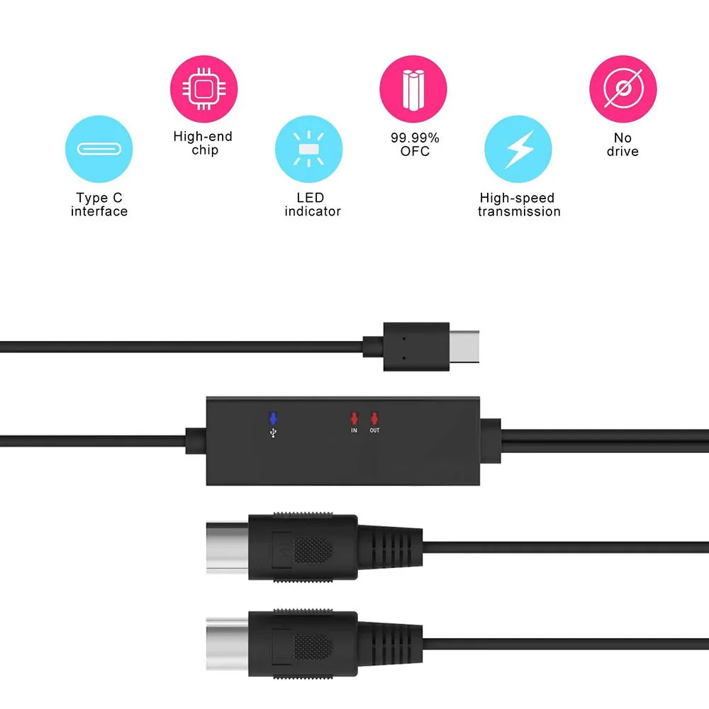 Black midi usb cable lead adapter with usb-c to vga interface and led indicator for android tabler guitar use