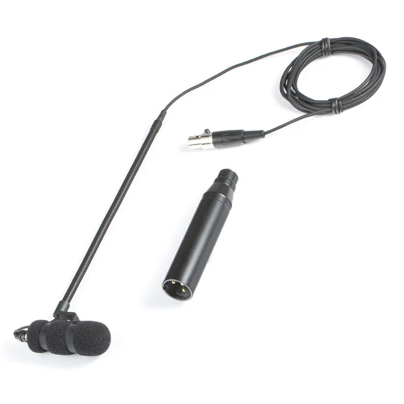 Black lavalier saxophone microphone with flexible gooseneck and foam windscreen for instrument condenser microfones use