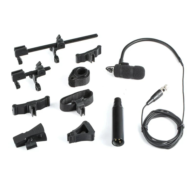 Black lavalier saxophone microphone with flexible gooseneck and coiled cable for instrument condenser microfones use