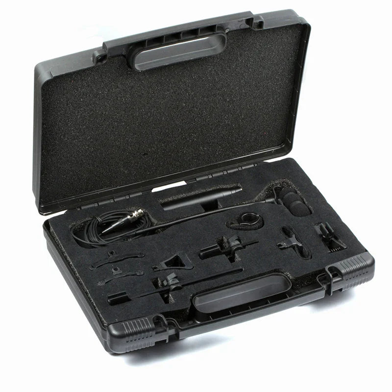 Black plastic carrying case with foam inserts containing mu100 full set wholesale saxophone microphone and instrument condenser microfones