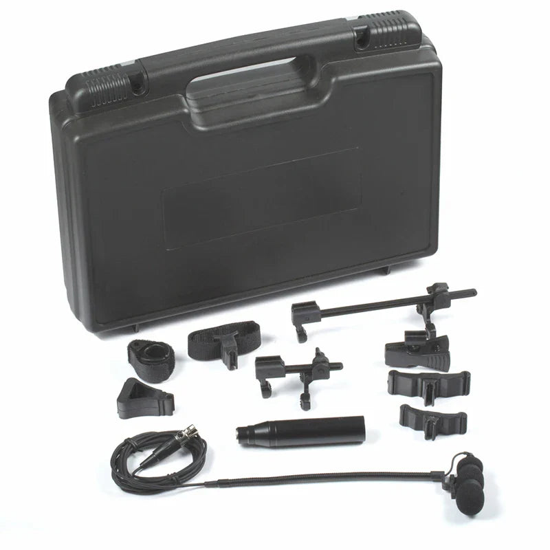 Black plastic case with multifunctional musical lavalier mic set including xlr phantom power adaptor and instrument mic clips