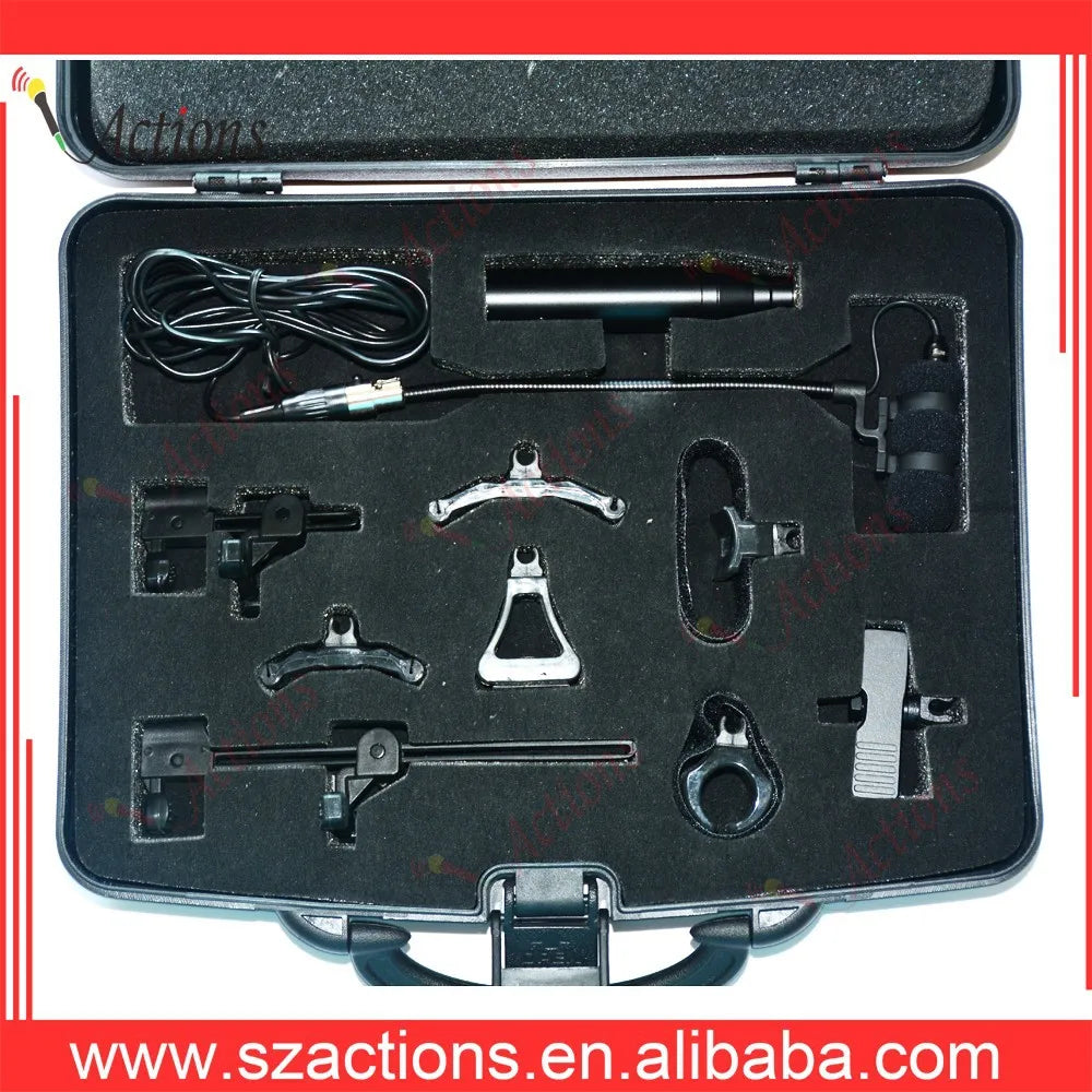 Black and silver multifunctional musical microphone kit with xlr phantom power adaptor and 8 instrument mic clips in case