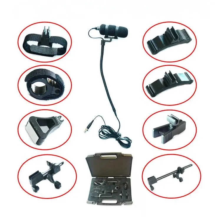 Black lavalier multifunctional musical microphone with flexible gooseneck, foam windscreen, xlr phantom power, and instrument mic clips in case