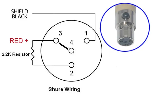 Close-up of metallic shure 501-2468 xlr phantom power connector for MU100 multifunctional musical microphone set with instrument mic clips