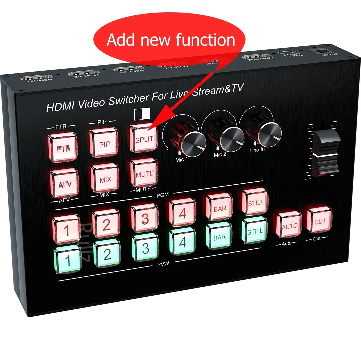 Black multi camera 4 channel hdmi video mixer switcher with illuminated colored buttons for live stream video capture