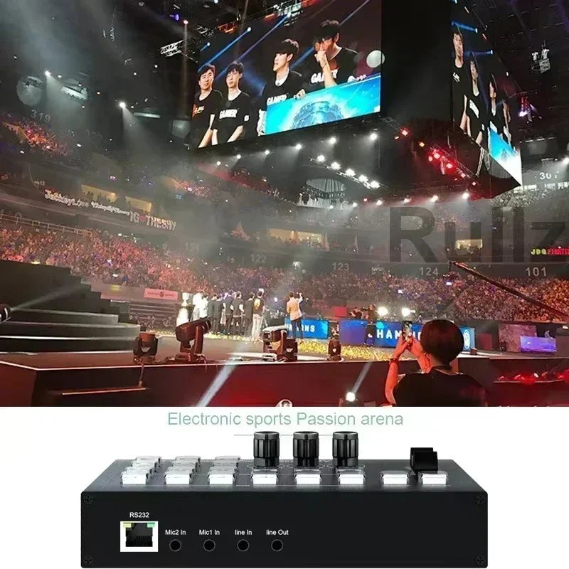 Black electronic sports audio mixing console with multiple ports and knobs for channel hdmi video mixer switcher capture
