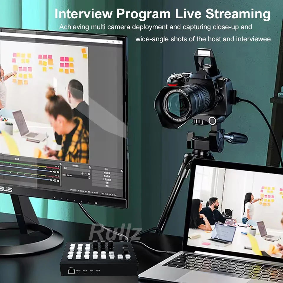Black dslr camera with external flash mounted on tripod shown with multi camera 4 channel hdmi video mixer switcher for live streaming