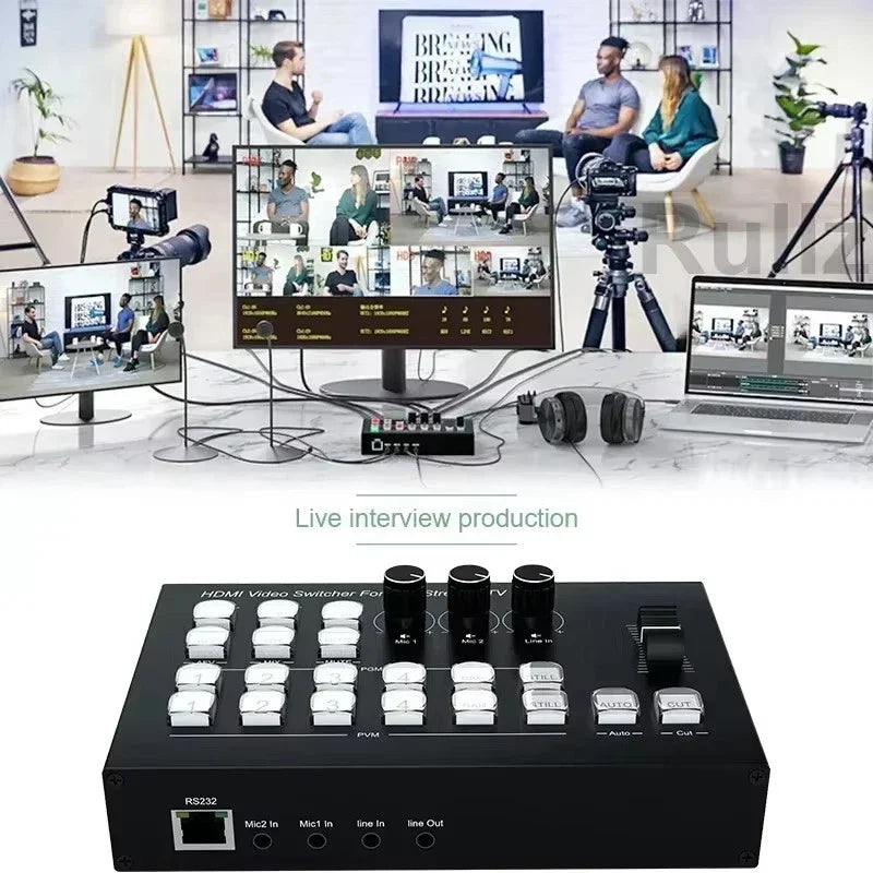 Black multi camera 4 channel hdmi video mixer switcher with silver buttons for switcher video capture live streaming