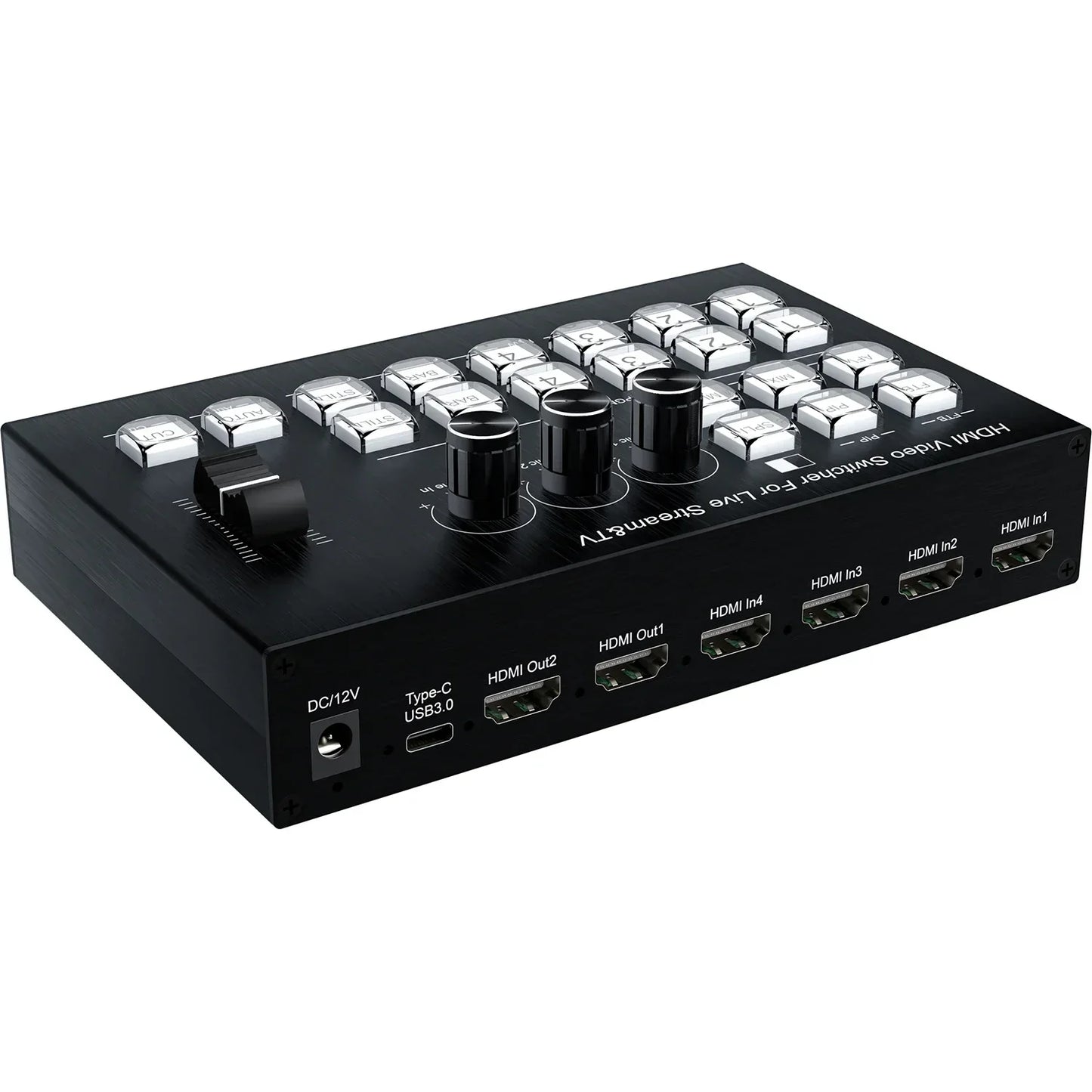 Black channel hdmi video mixer switcher with silver buttons and rotary knobs for seamless switcher video capture live streaming