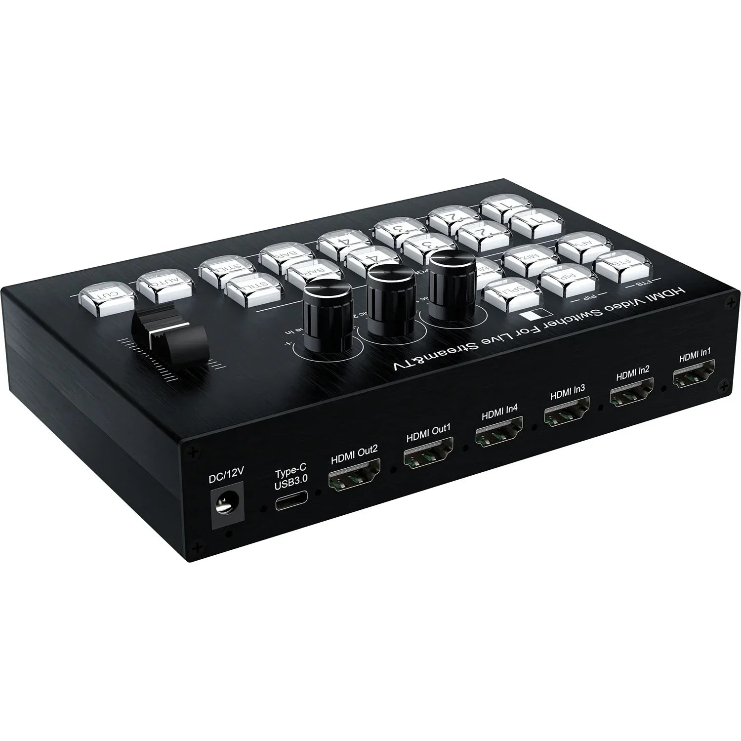 Black channel hdmi video mixer switcher with silver buttons and rotary knobs for seamless switcher video capture live streaming
