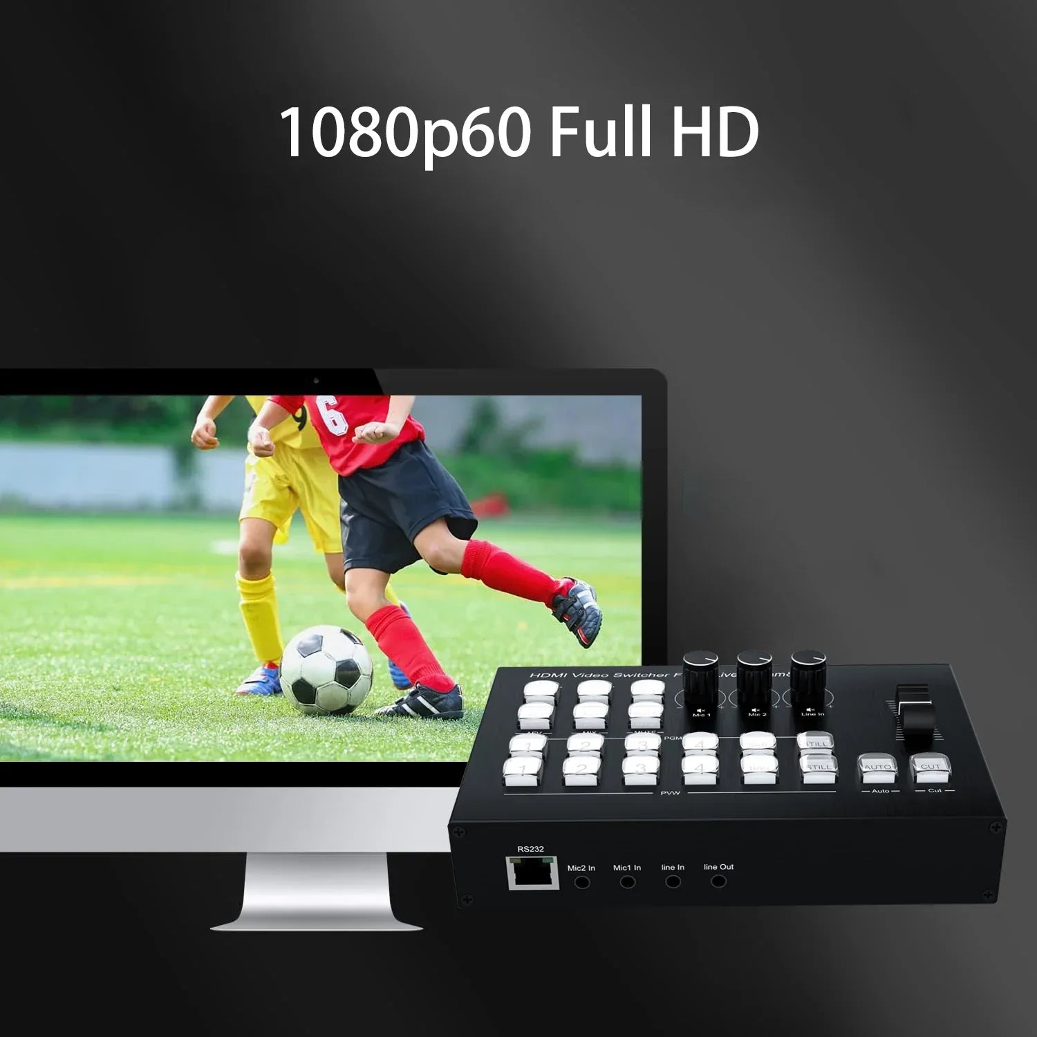Black hdmi video mixer switcher with white buttons and knobs labeled hdmi video switcher 8 for channel hdmi video capture