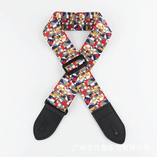 Multi color acoustic electric guitar strap with colorful geometric pattern, black leather ends, and adjustable buckle for bass soft comfortable use