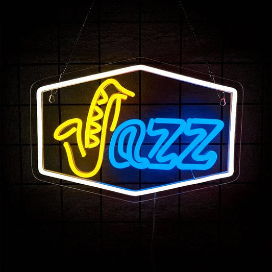 Multi-color jazz neon sign with yellow saxophone and blue lettering for music studio live, jazz club party, and wall decor