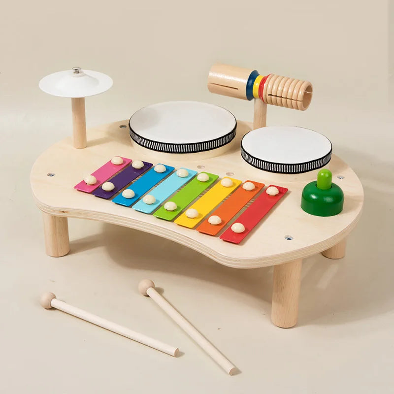 Colorful wooden xylophone with rainbow keys and white mallets for baby music table montessori early educational toys