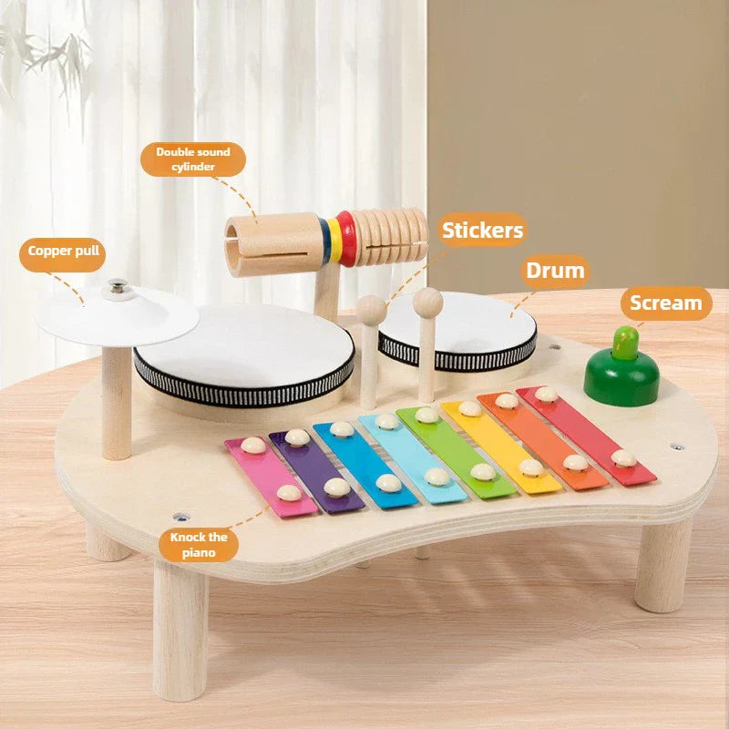 Wooden baby music table with colorful rainbow keys drum and percussion elements montessori early educational toys
