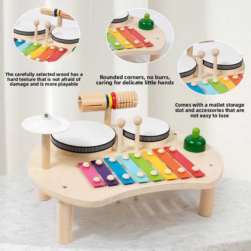 Wooden musical instrument baby music table with colorful rainbow keys and matching drum set for montessori early educational play