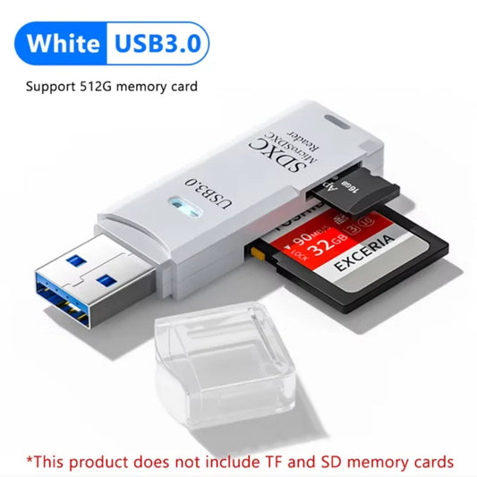 White usb 3.0 flash drive with integrated sdxc and microsd card reader supports laptop car mounted accessories