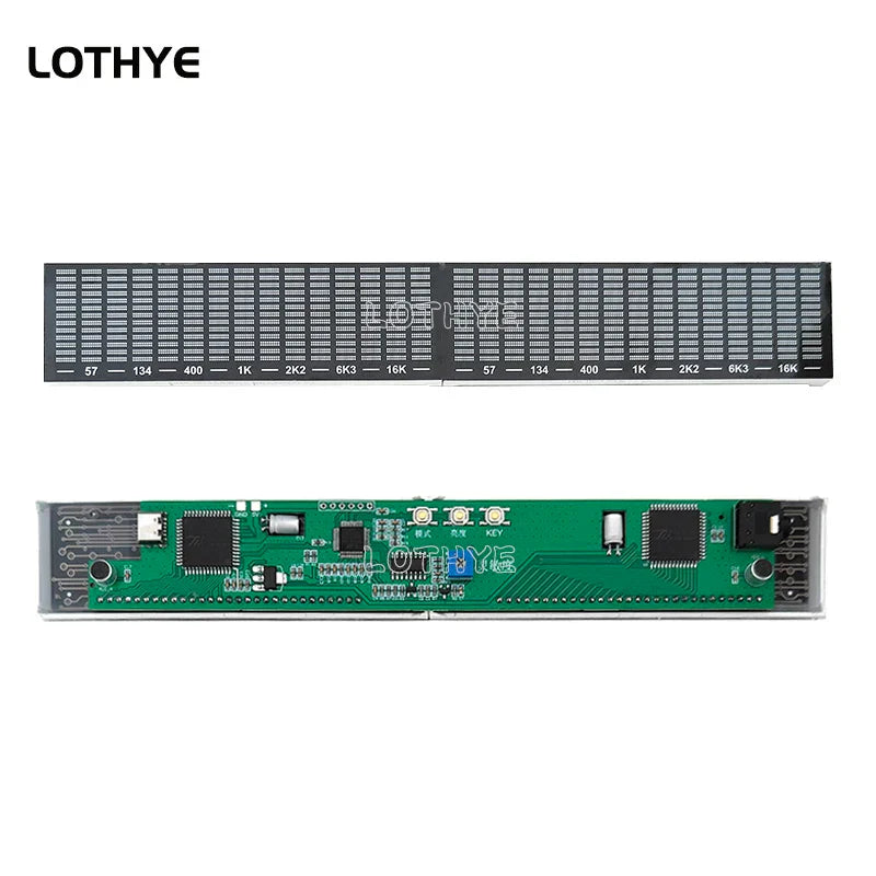 Green lothye electronic circuit board with labeled resistors for music spectrum rhythm voice control amplifier and board level indicator
