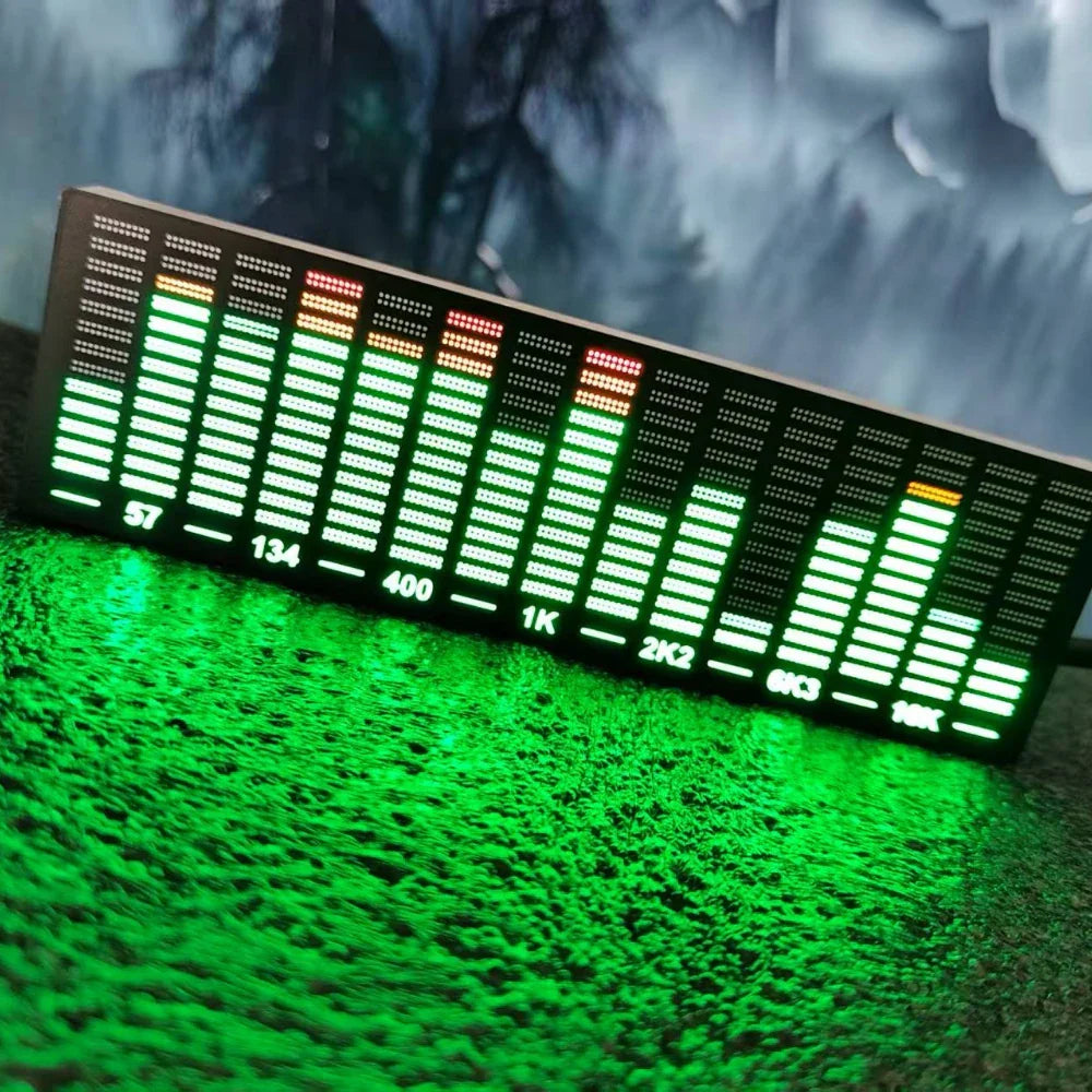 Rectangular multi-mode led level indicator with green and red bars displaying music spectrum frequencies for audio rhythm lamp use