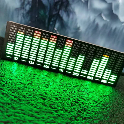 Rectangular multi-mode led level indicator with green and red bars displaying music spectrum frequencies for audio rhythm lamp use